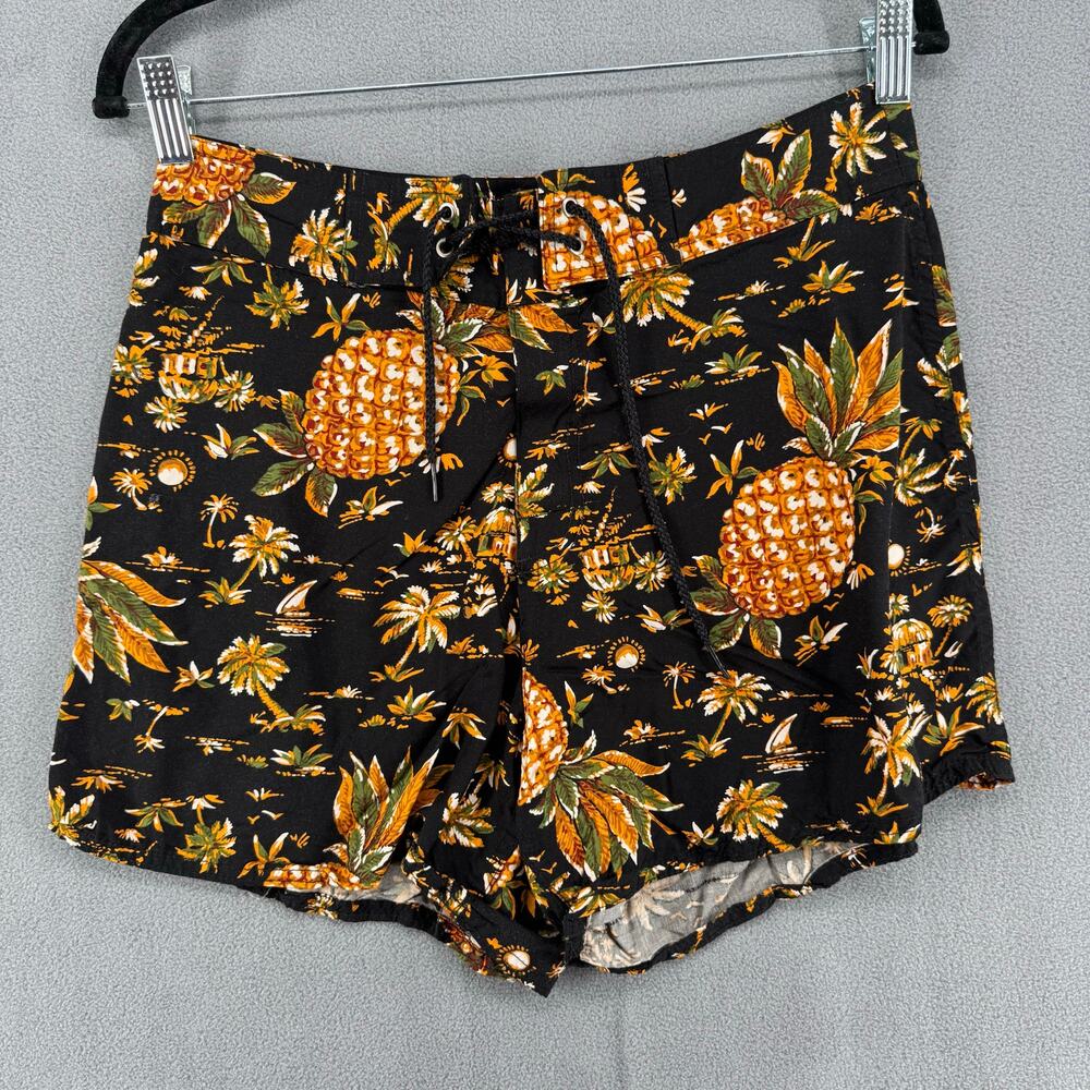 Liquid Aloha Hawaiian Rayon Board Shorts 11 Black Palm Tree Pineapple‎ Surf Swim